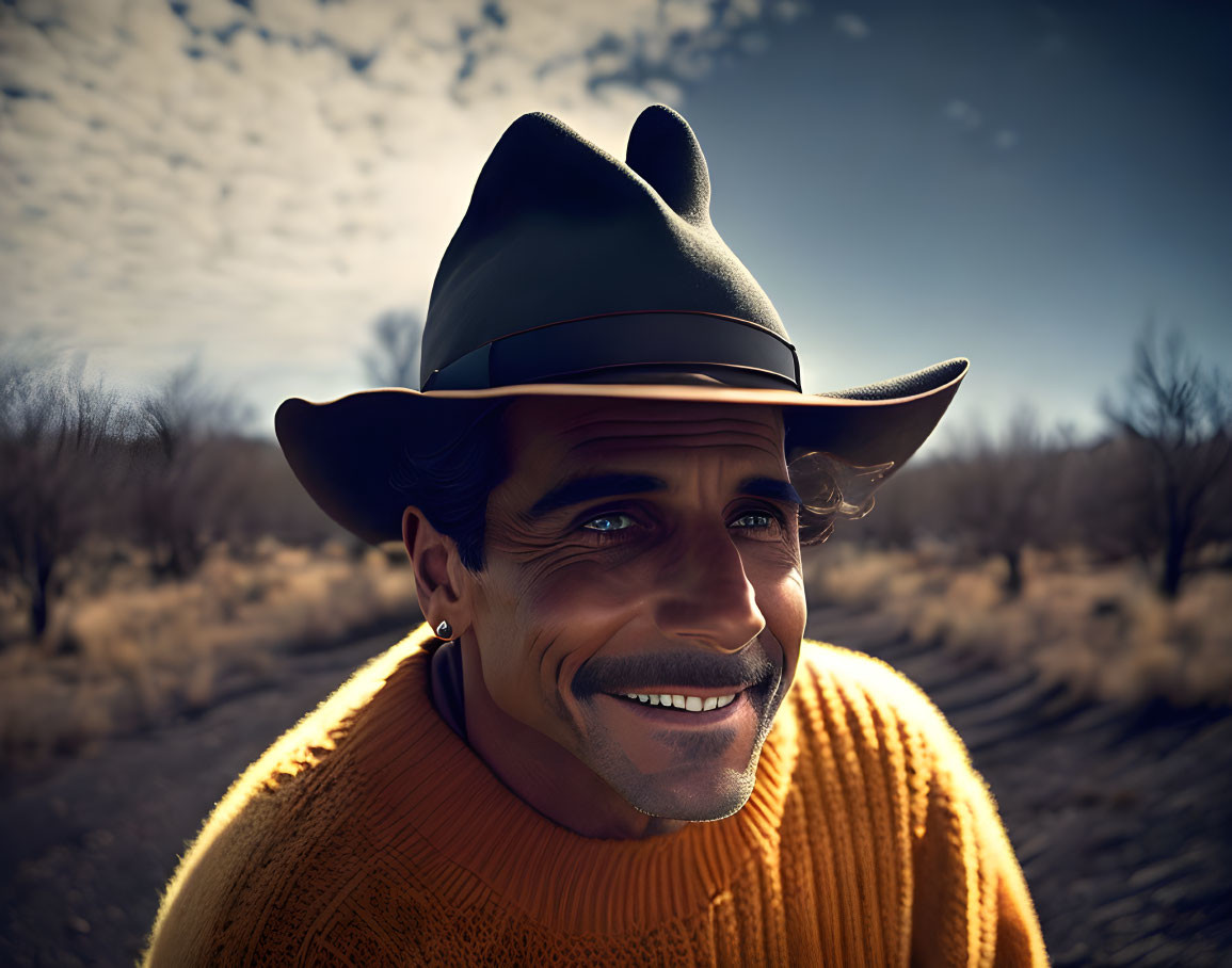 Smiling man in cowboy hat and orange sweater in desert landscape