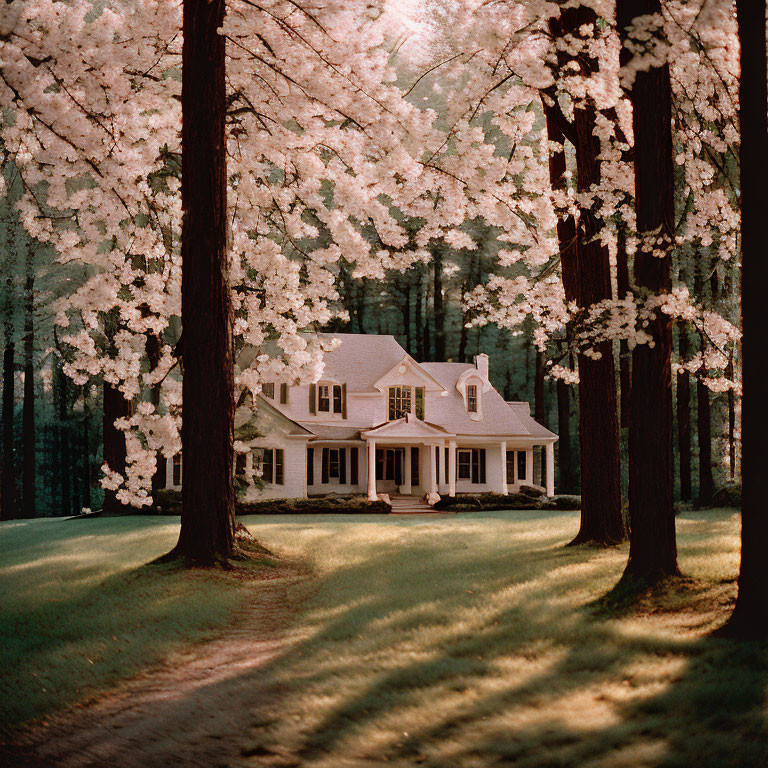 Cozy house surrounded by tall trees and white blossoms