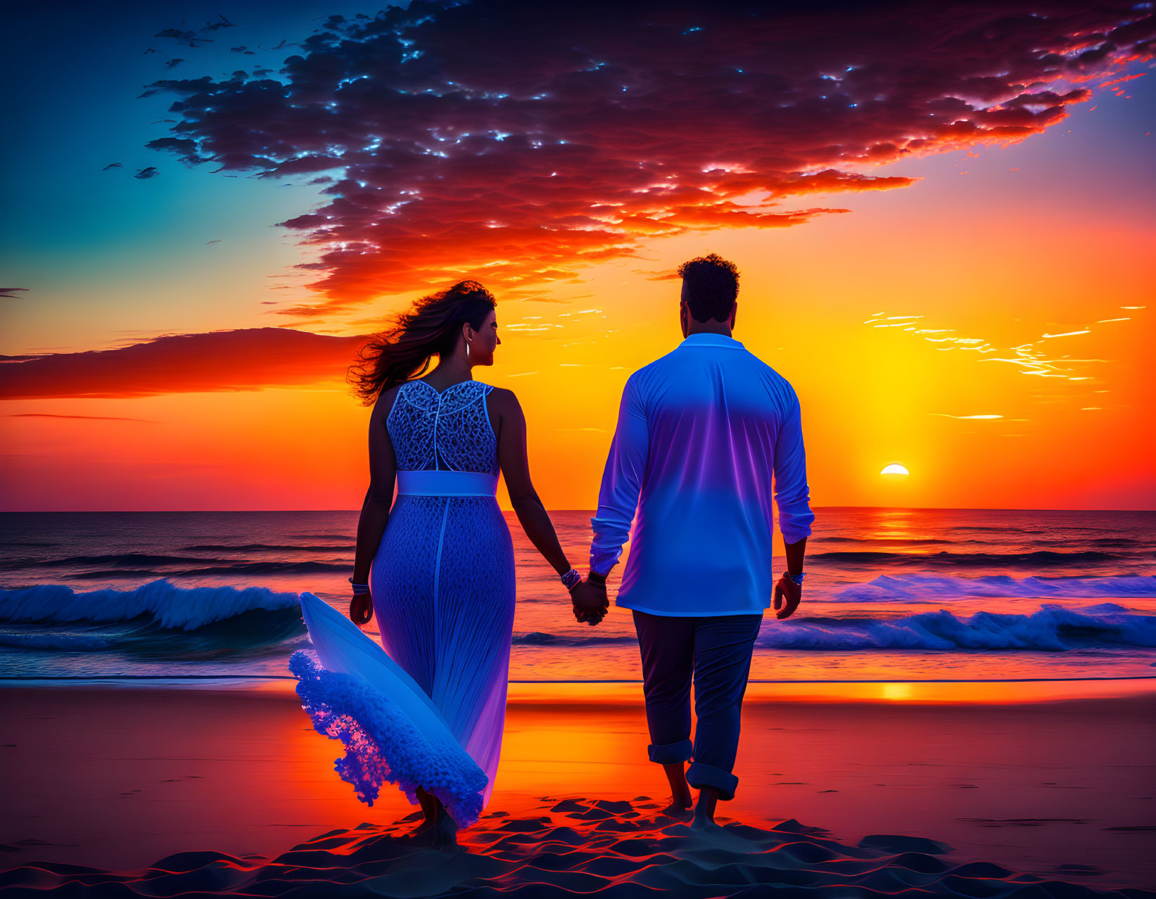 Couple holding hands walking on beach at sunset with vibrant orange and blue skies above