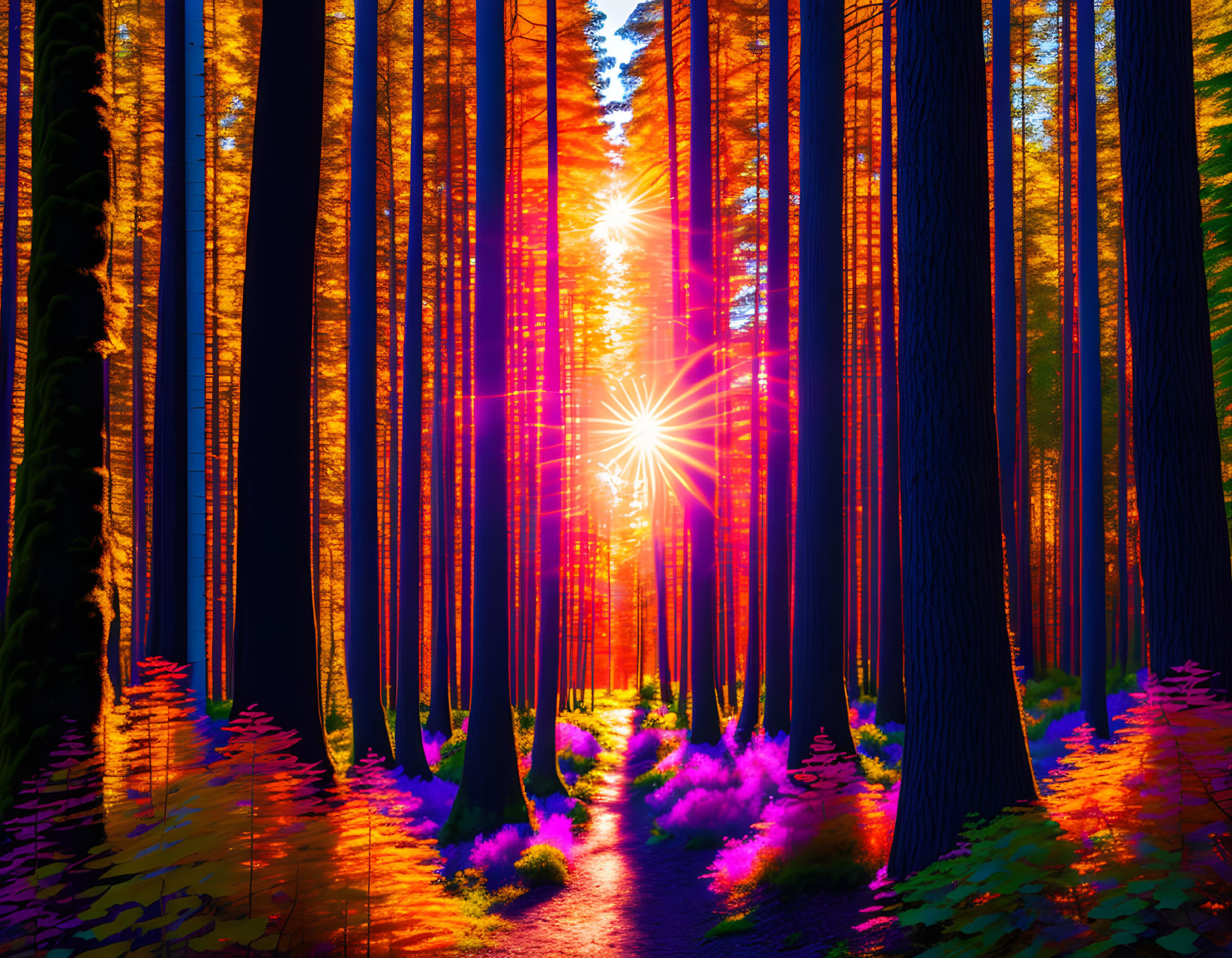 Lush forest with tall trees, sun rays creating warm glow and shadows