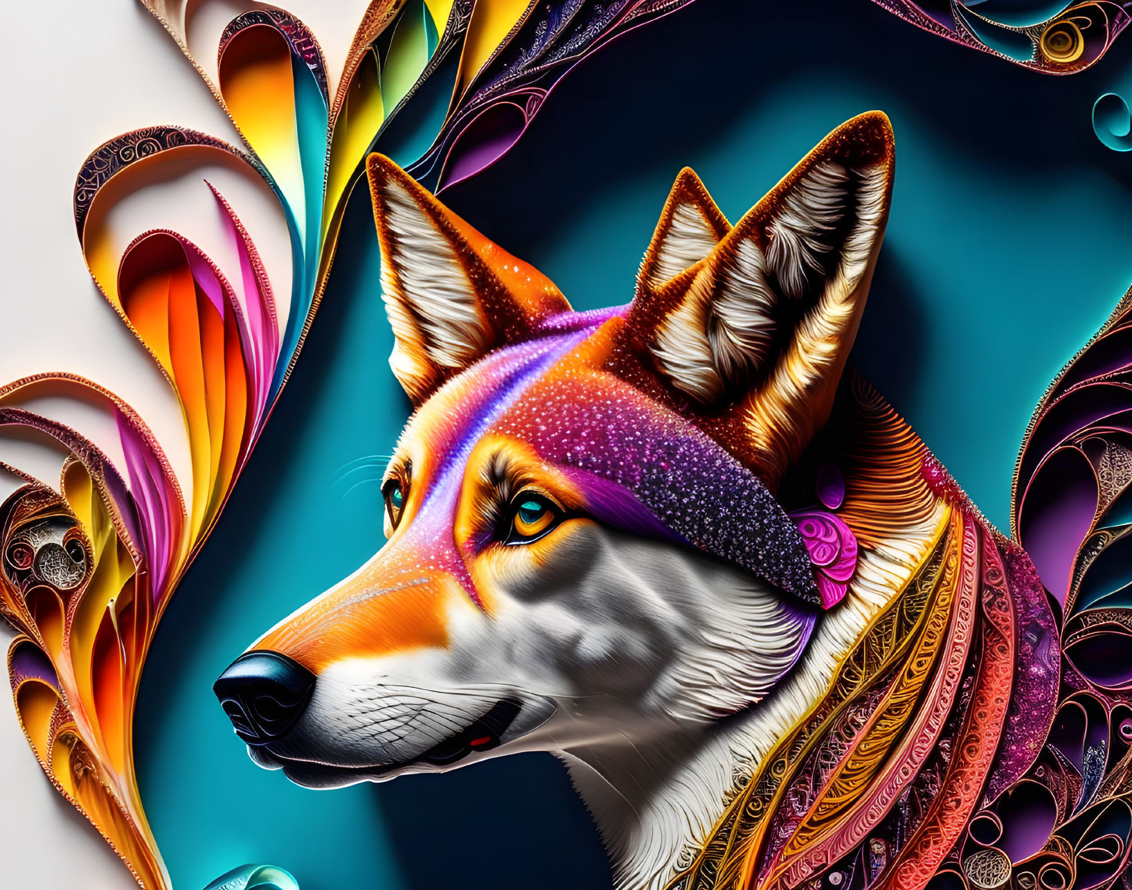 Vibrant teal background with stylized fox in intricate patterns