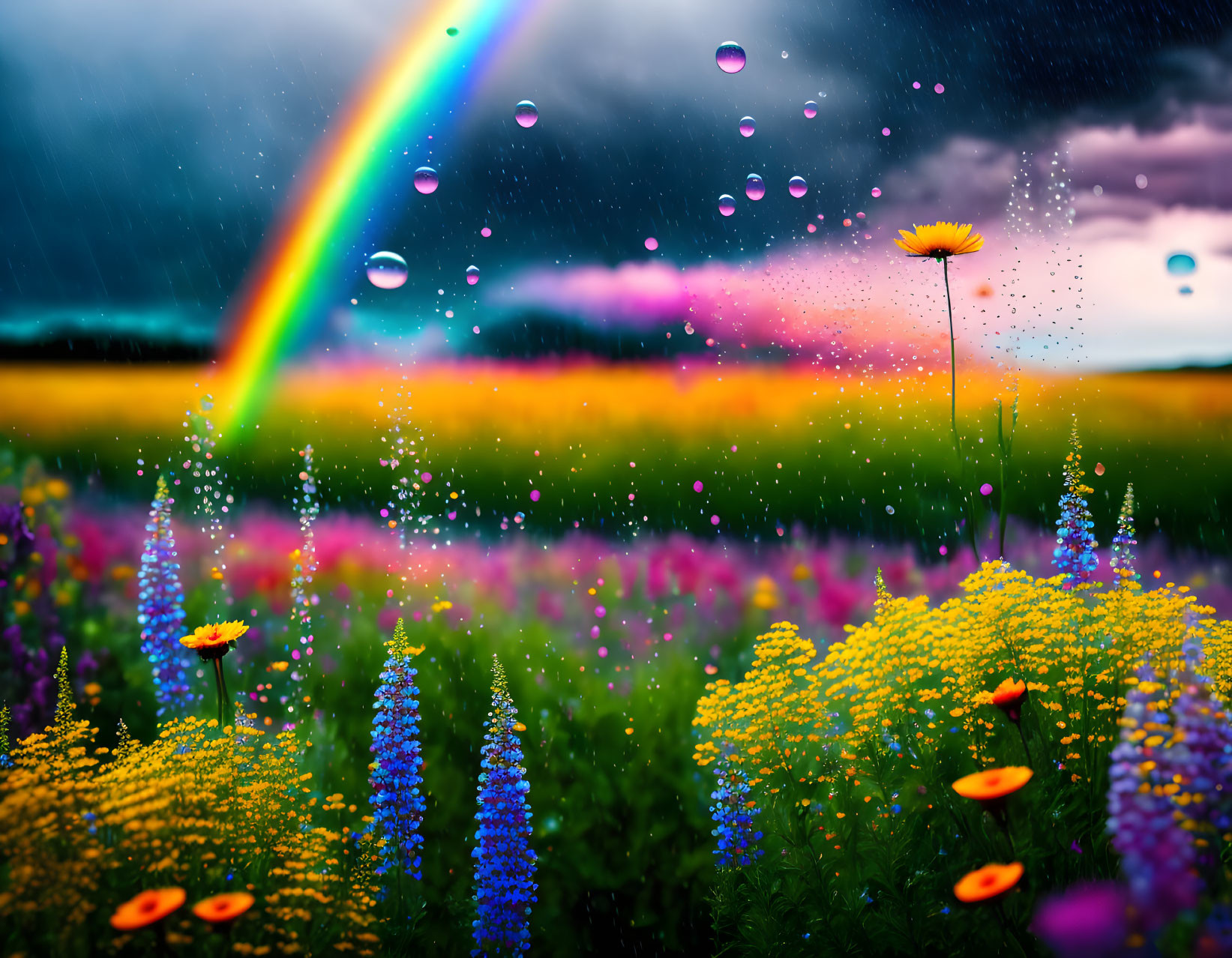 Colorful wildflower meadow under stormy sky with rainbow and raindrops