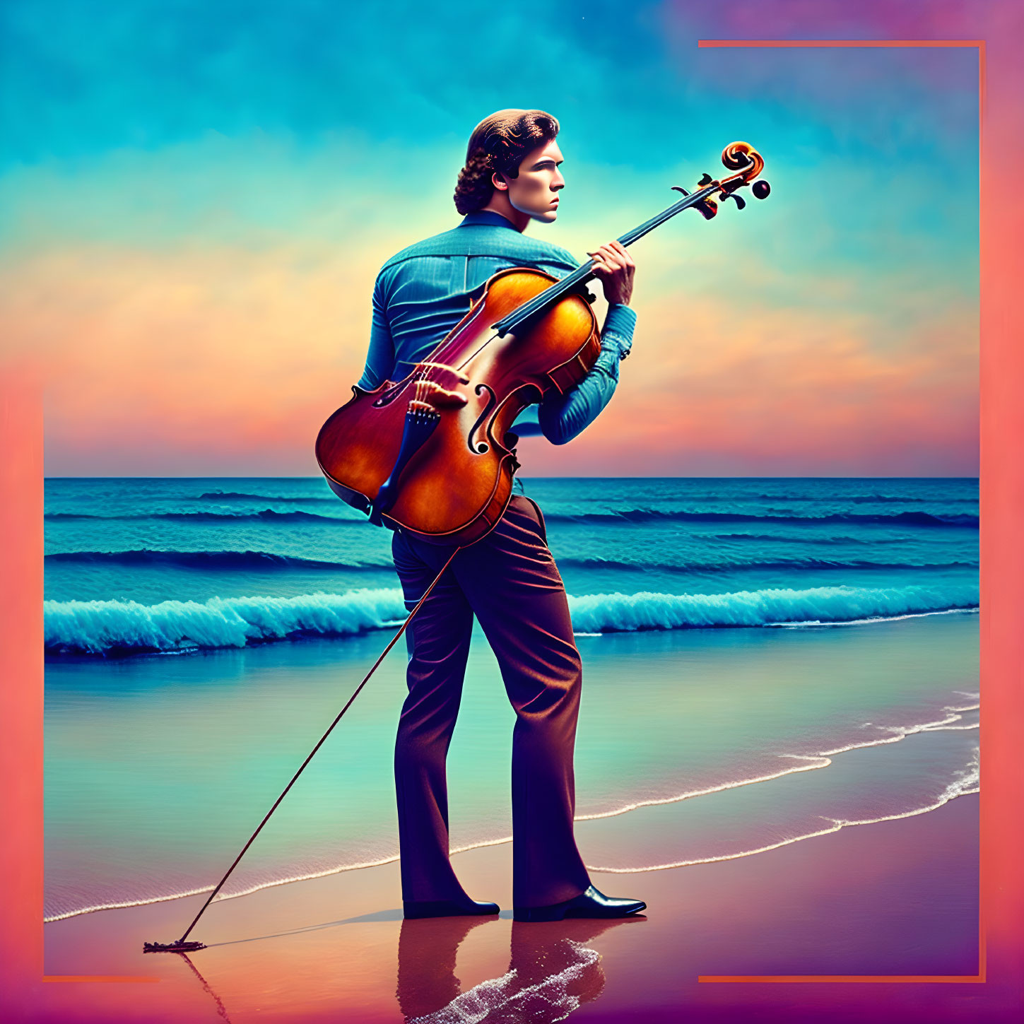 Man holding cello by ocean at sunset with vibrant blues and pinks