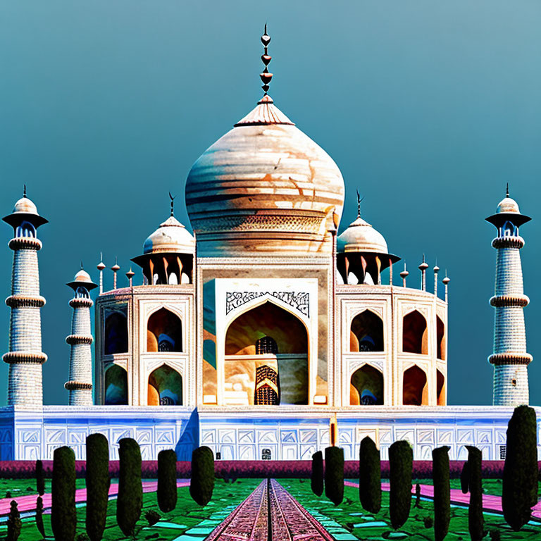 White Marble Taj Mahal Mausoleum with Ornate Minarets and Greenery