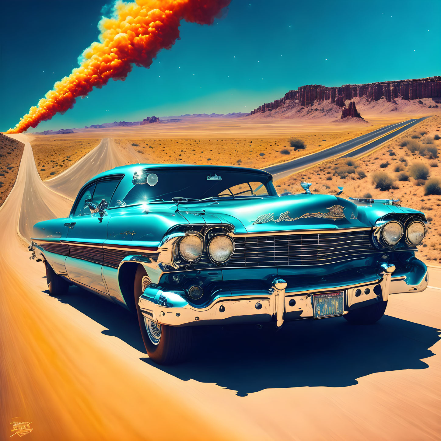 Vintage Turquoise Car on Desert Road with Rocket Propulsion Trail