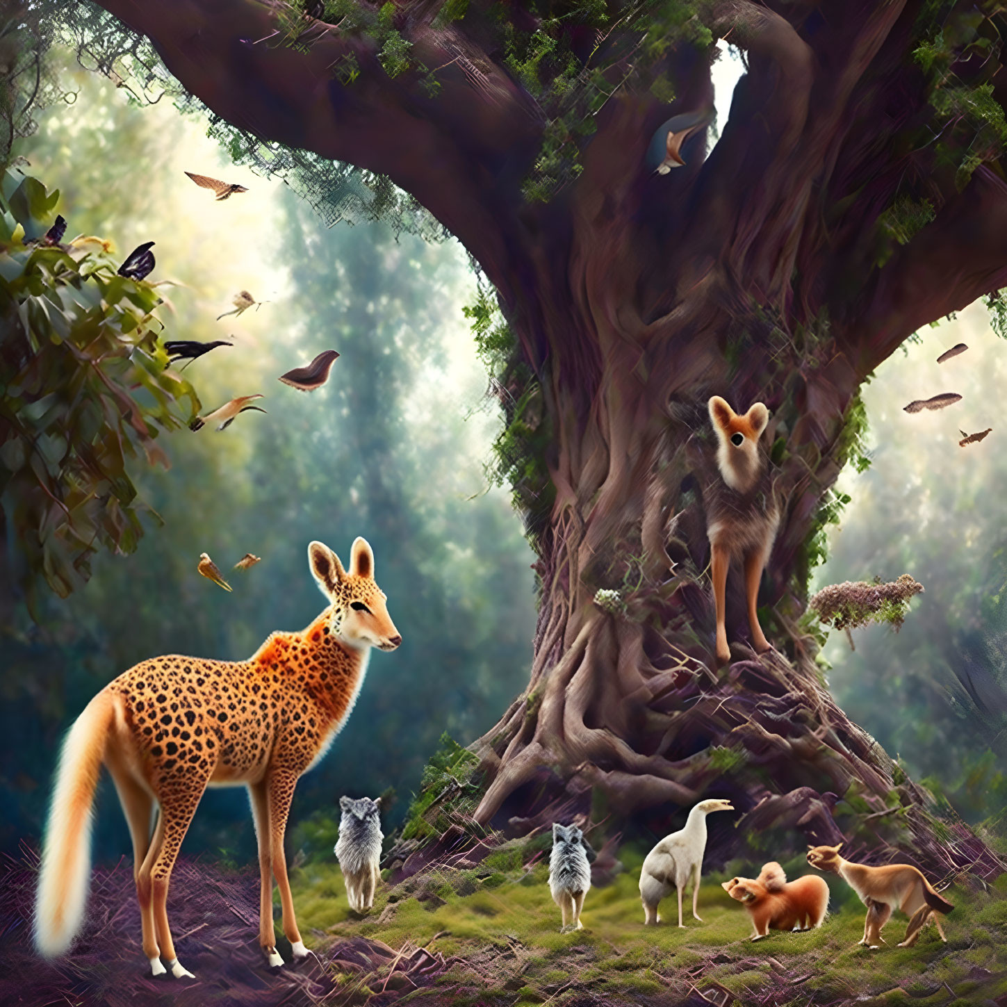 Lush forest with large tree, flying birds, and giraffe-cheetah, fox, and