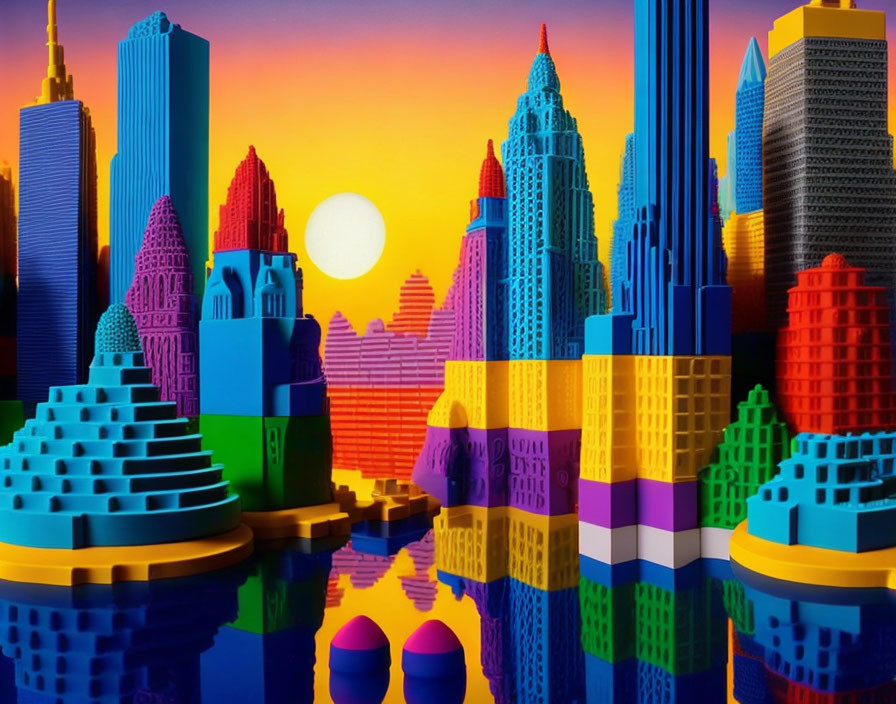 Colorful Building Block Cityscape at Sunset