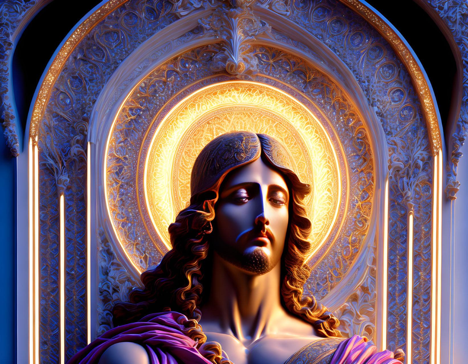 Stylized digital art of Jesus with halo in blue and gold backdrop