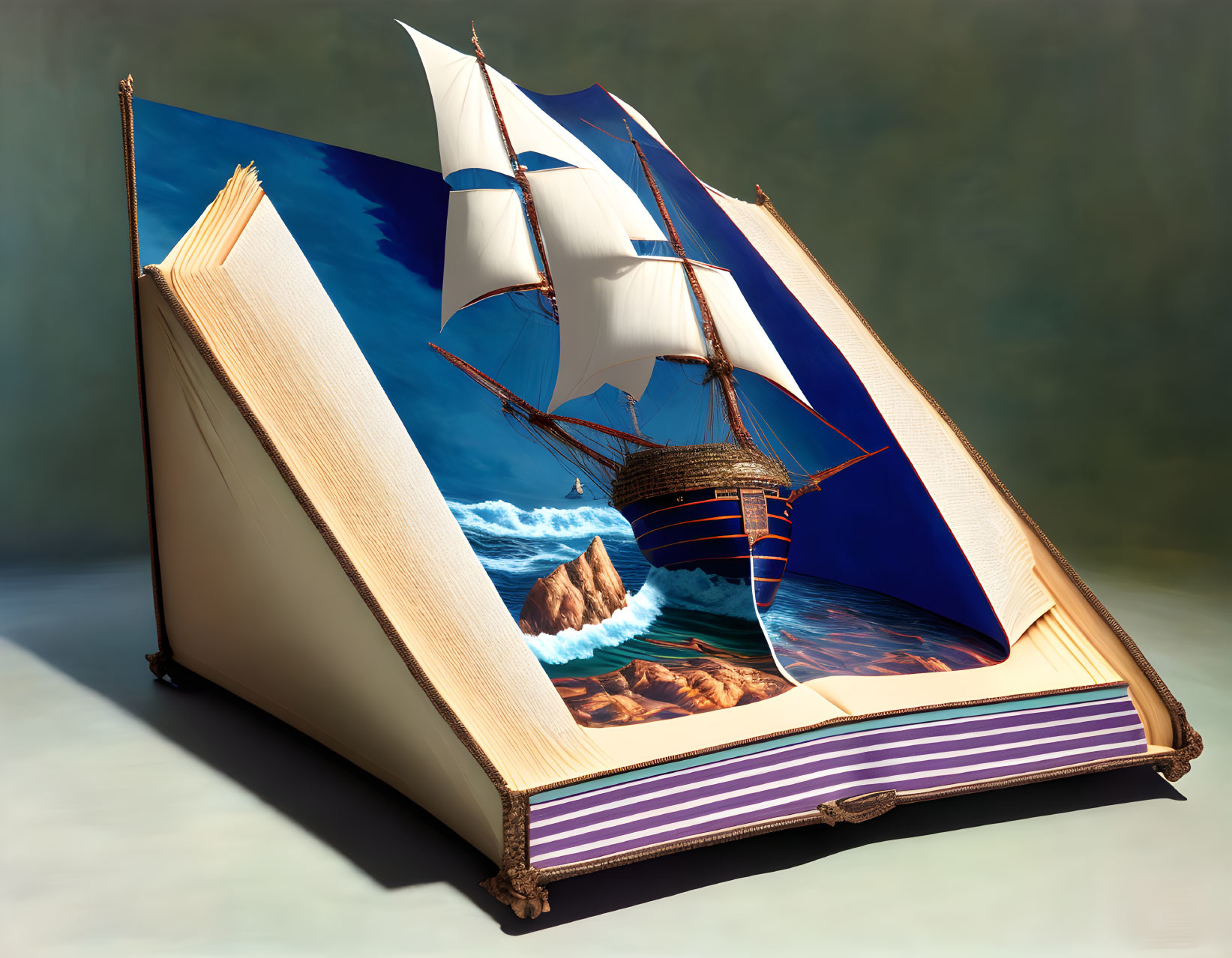 Illustrated open book with sailing ship on stormy seas