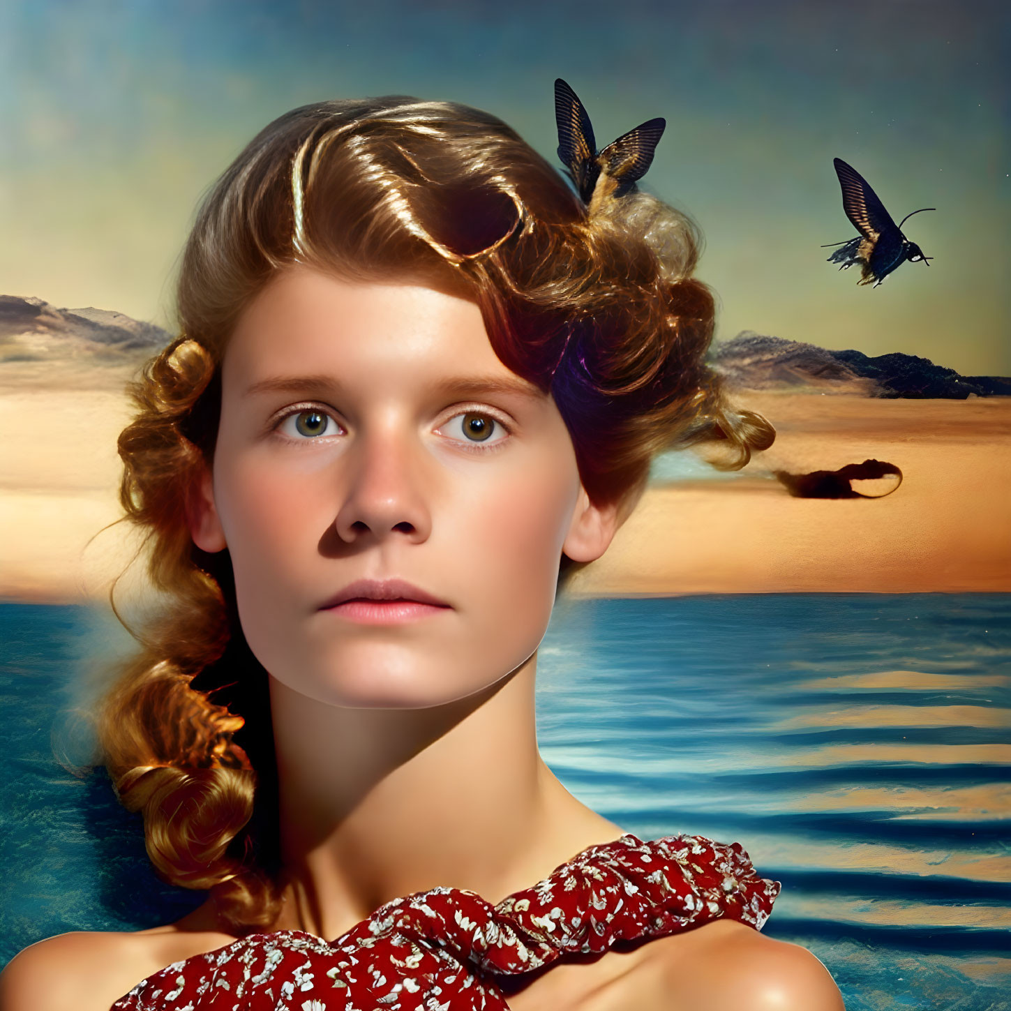 Surreal portrait: woman with ocean and desert merging, butterflies, shadowy fish