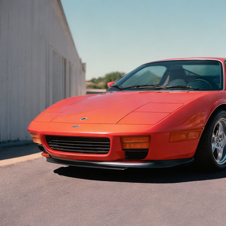 Red Sports Car with Pop-Up Headlights Parked Next to White Building