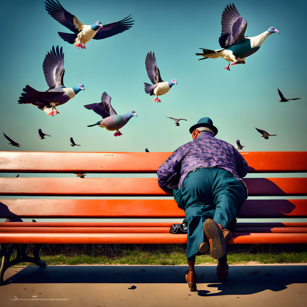 Person in Blue Outfit on Colorful Bench Reaching for Pigeons in Flight