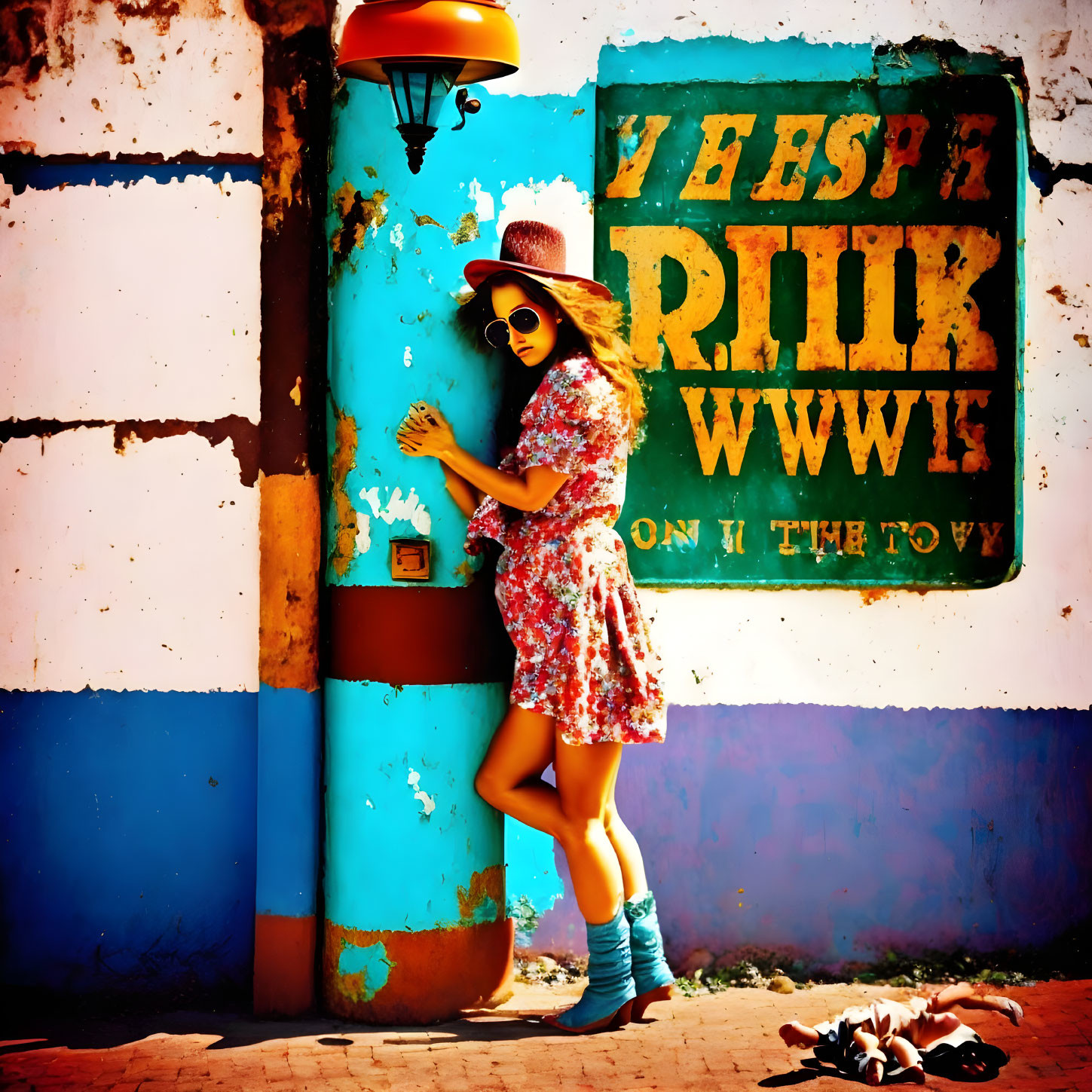 Fashionable woman in floral dress and hat against vibrant wall with vintage sign, exuding retro summer vibe