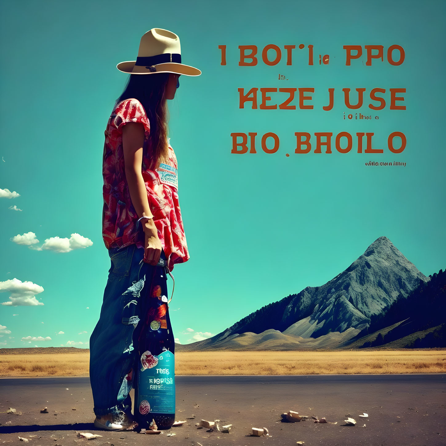 Cowboy hat person holding decorated bottle in field with mountains and blue sky.