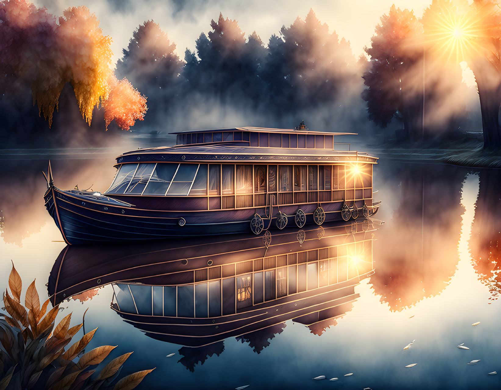 Tranquil lake at sunrise/sunset with elegant boat and warm light