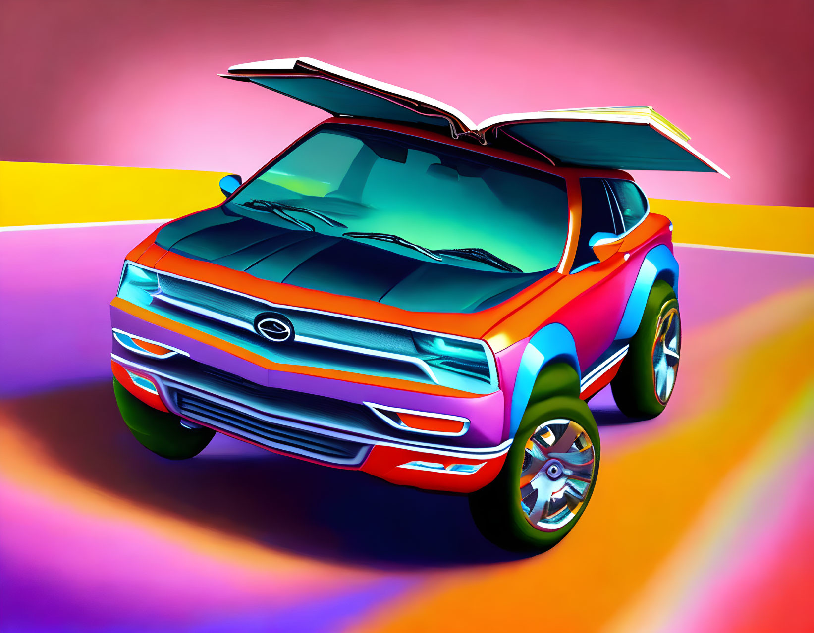 Vibrant Futuristic Vehicle Illustration on Pink and Yellow Background