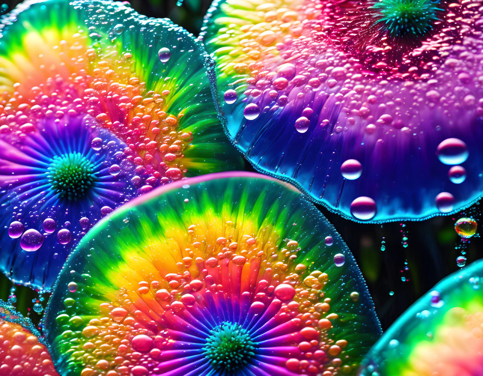 Colorful Daisy-like Flowers with Water Droplets on Dark Background