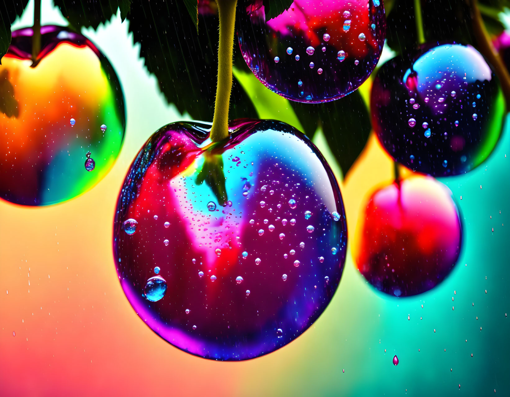 Colorful Cherries with Water Droplets on Rainbow Background