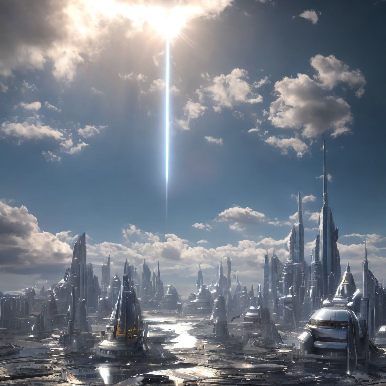 Futuristic city skyline with sleek skyscrapers and dramatic sky.