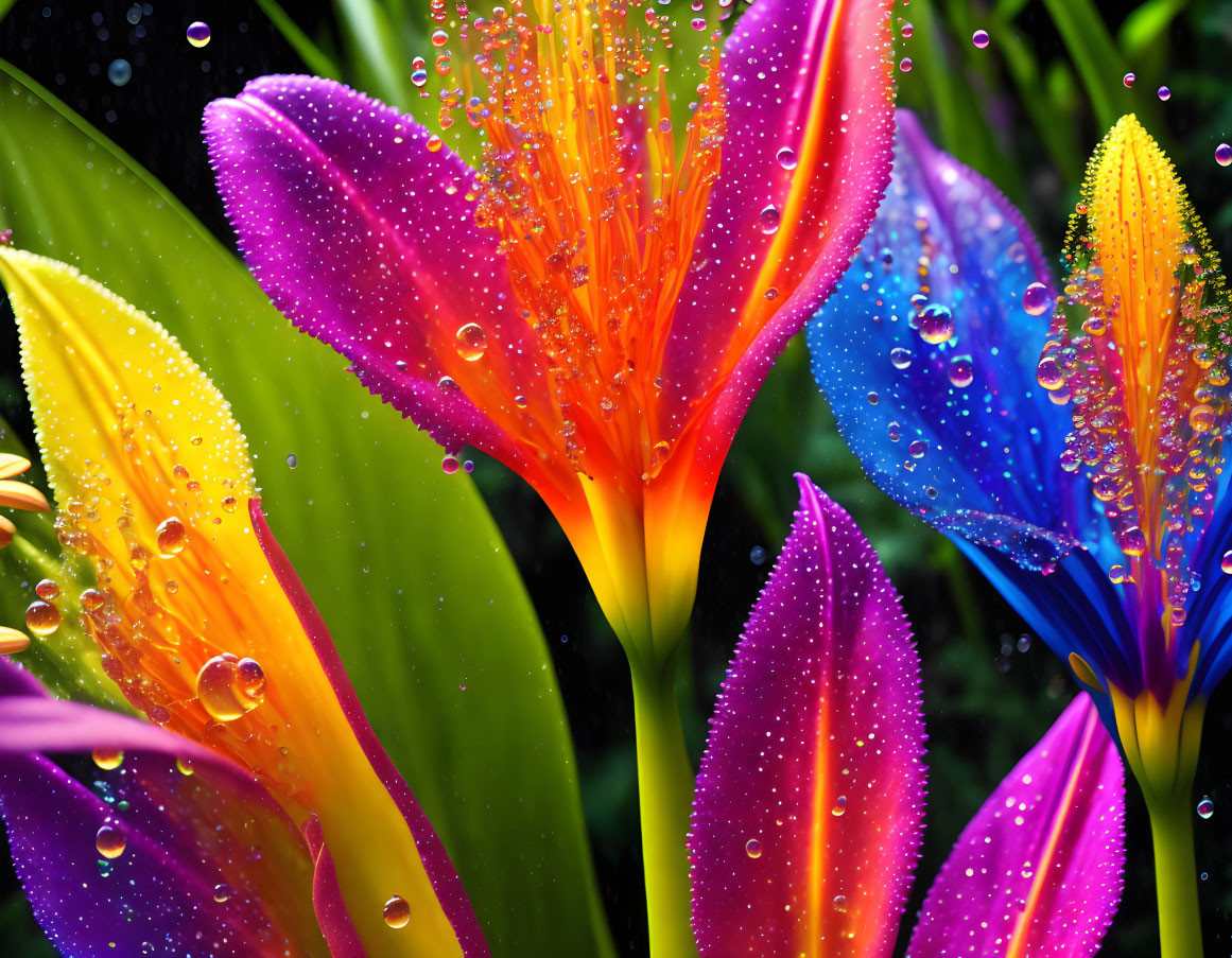 Vibrant flowers with dewdrops on petals on dark backdrop