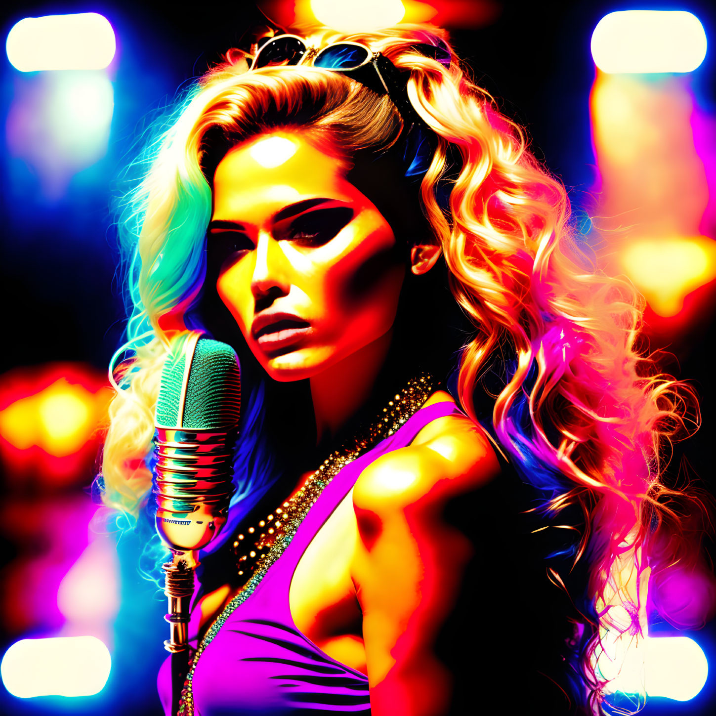 Colorful portrait of woman with microphone and neon lights