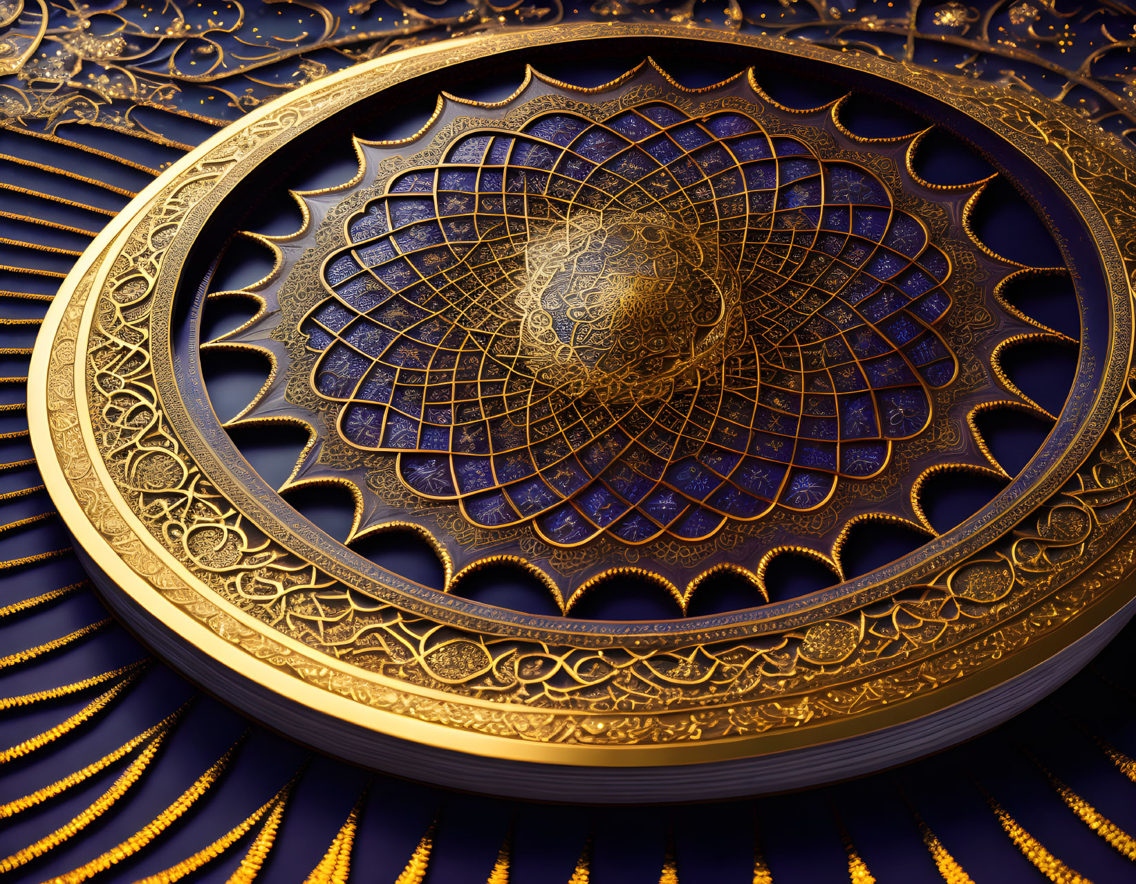 Detailed Golden Mandala Design on Blue Ornate Background