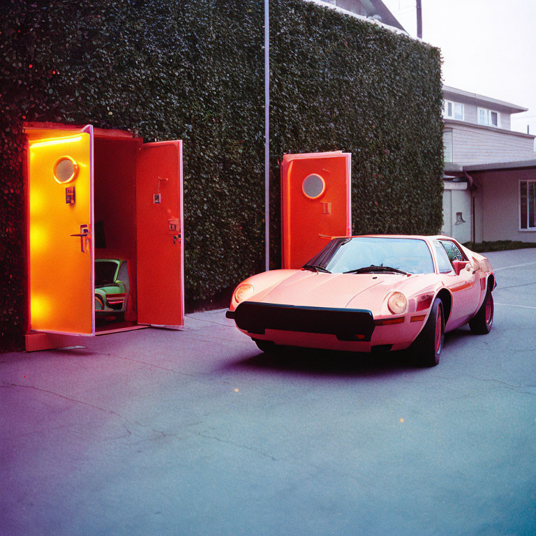 Vintage Orange Sports Car Parked in Front of Matching Door Under Evening Sky