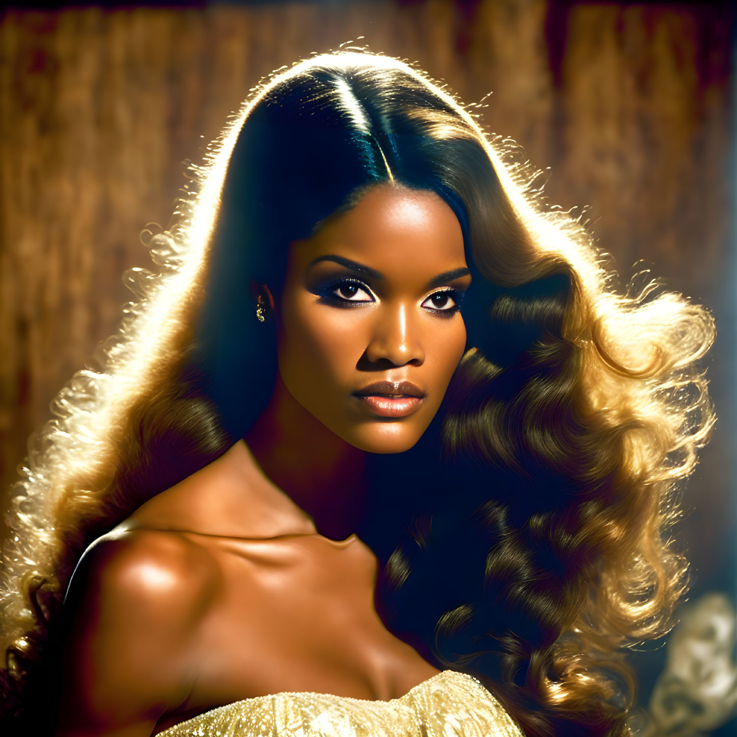 Portrait of Woman with Voluminous Curly Hair and Serious Expression