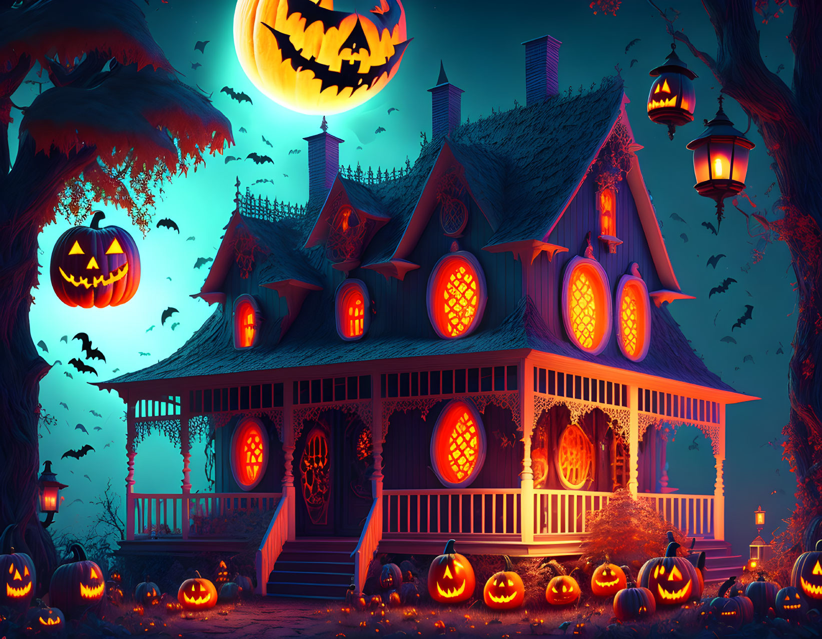 Spooky Halloween illustration with haunted house, jack-o'-lanterns, full moon, and eerie