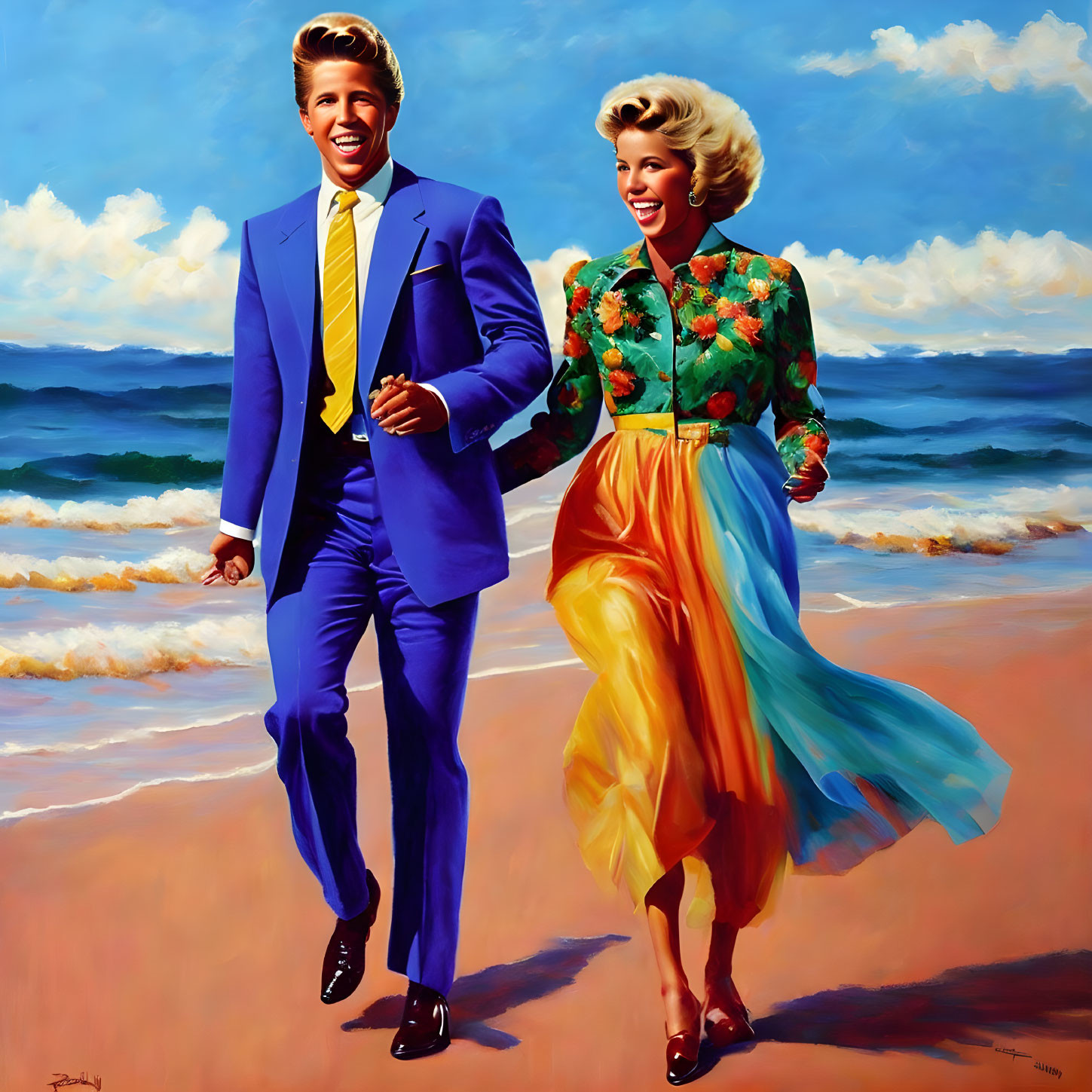 Colorful painting of smiling couple in vintage attire walking on beach