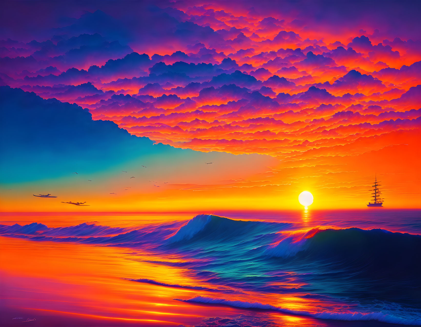 Colorful ocean sunset with stylized waves, glowing sun, silhouetted birds, ship,