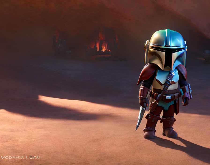 Blue and Gray Mandalorian Armor Character in Desert Setting