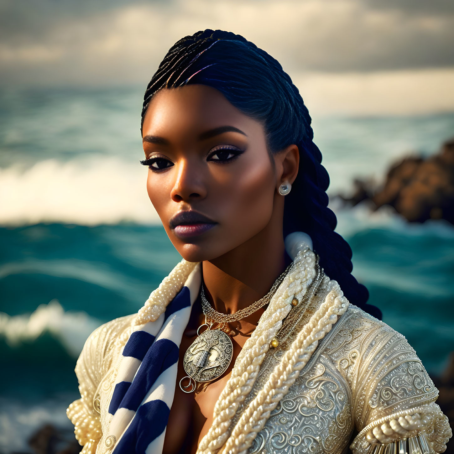 Braided Hair Woman in White Jacket by Tranquil Sea