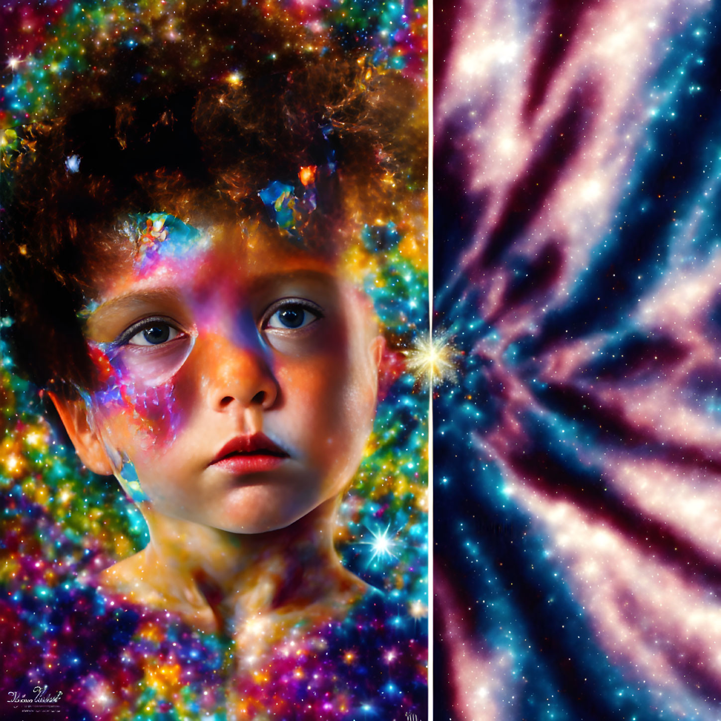 Child with cosmic paint blending into vibrant space background