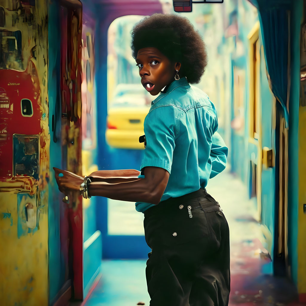 Person with voluminous afro in denim shirt and black pants in colorful corridor