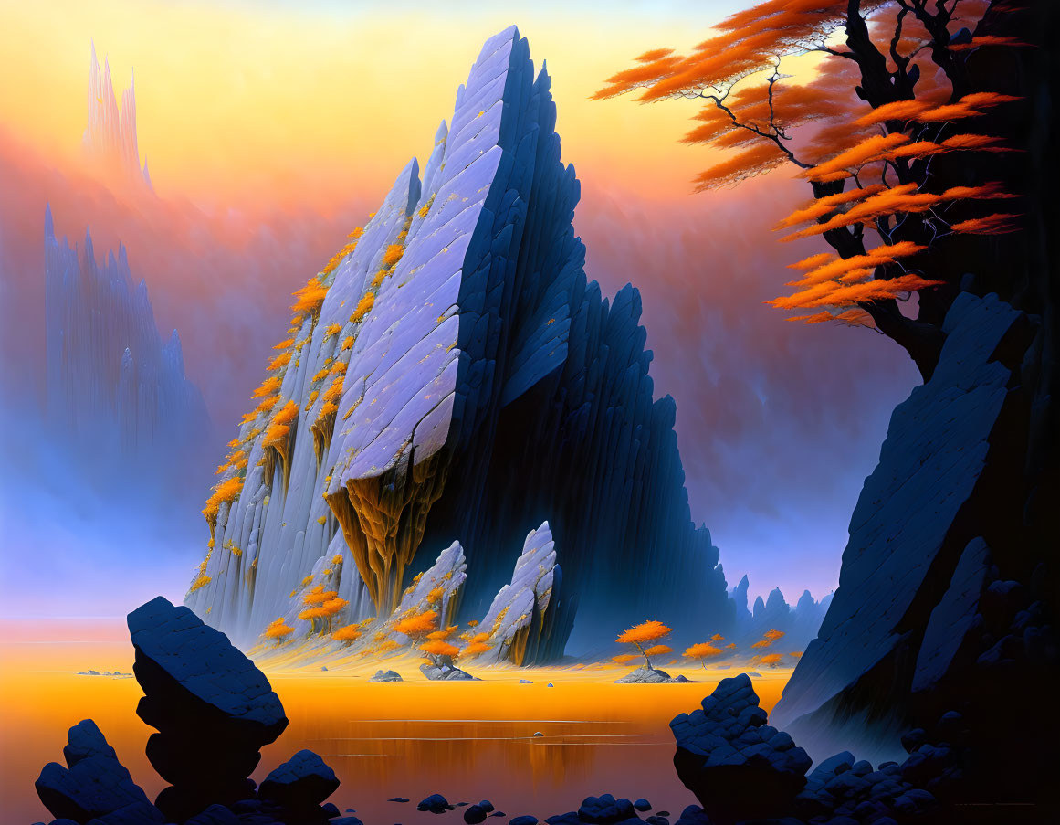 Surreal landscape with towering rock formations and orange foliage near misty golden-hued water.