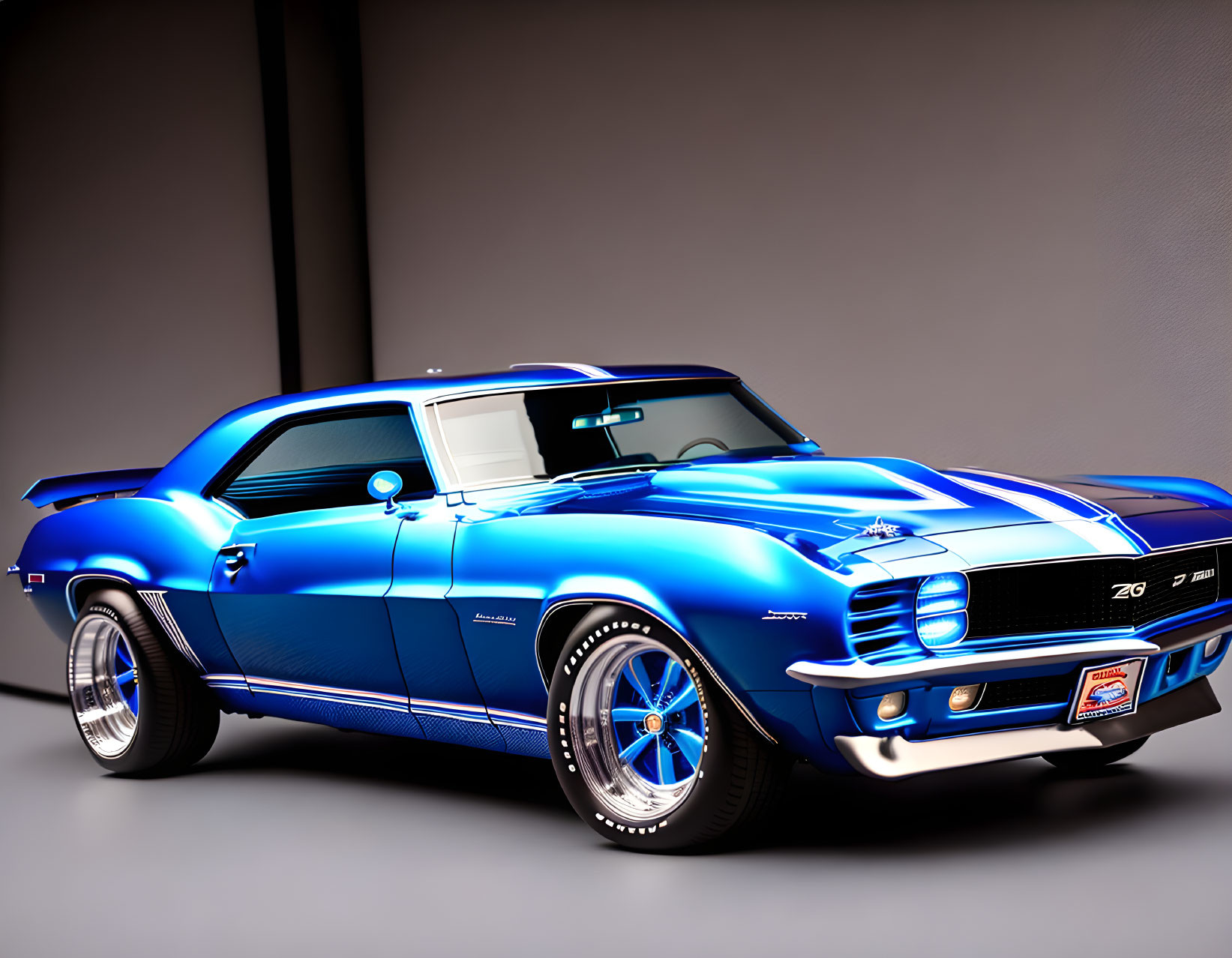 Shiny blue vintage muscle car with racing stripes in studio setting