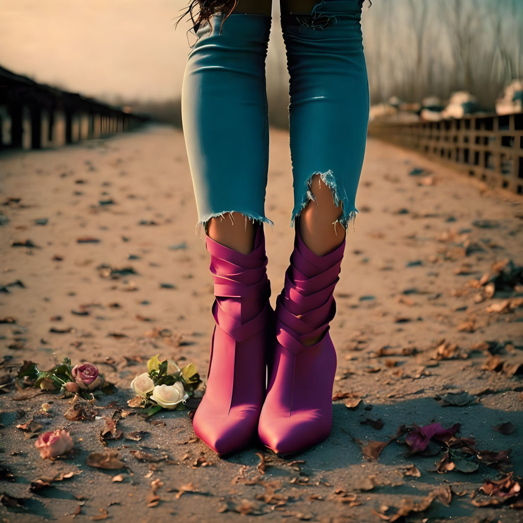 Person in ripped jeans and purple high-heeled boots on sandy path with rose petals.