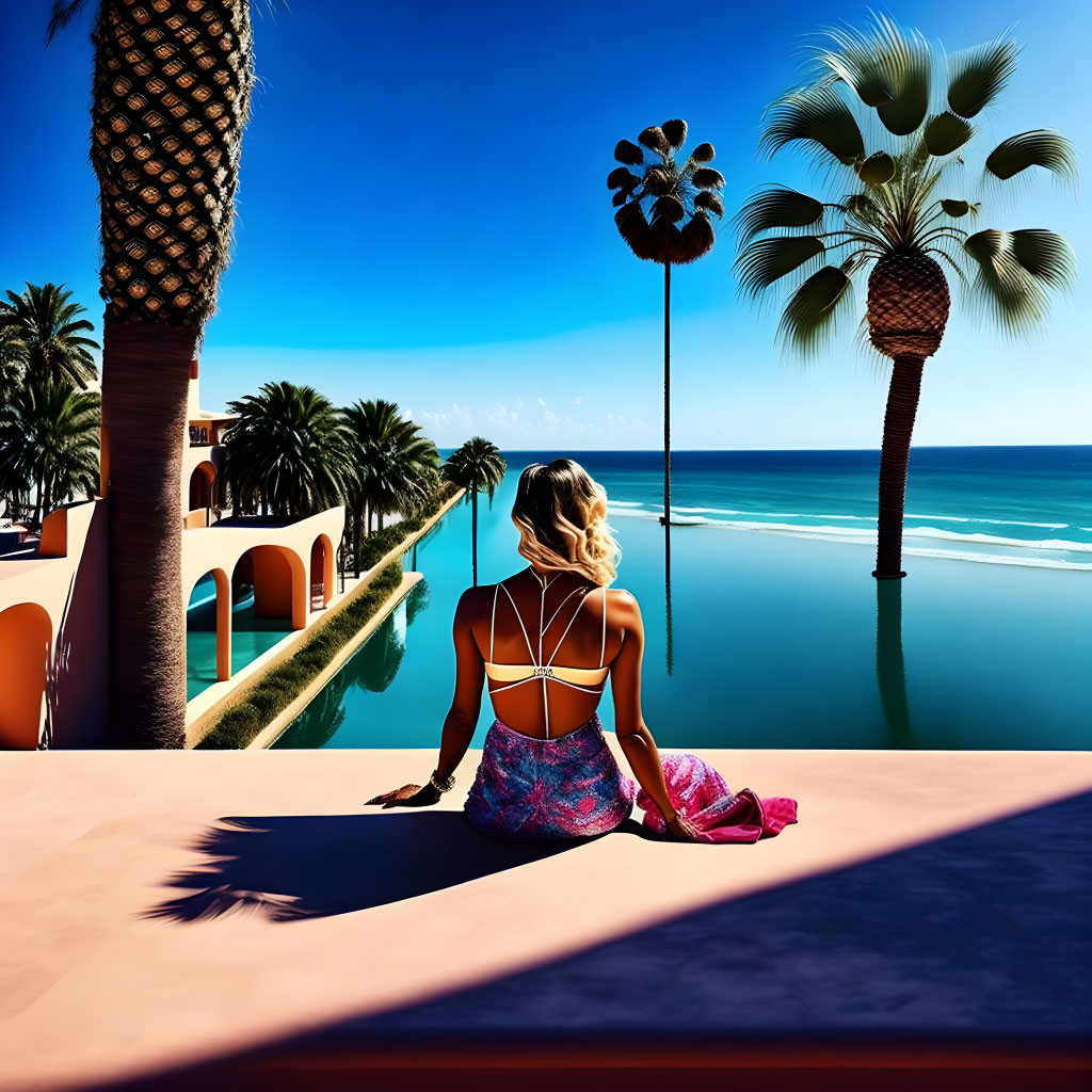 Woman in colorful outfit sitting on beach with palm trees and blue sky