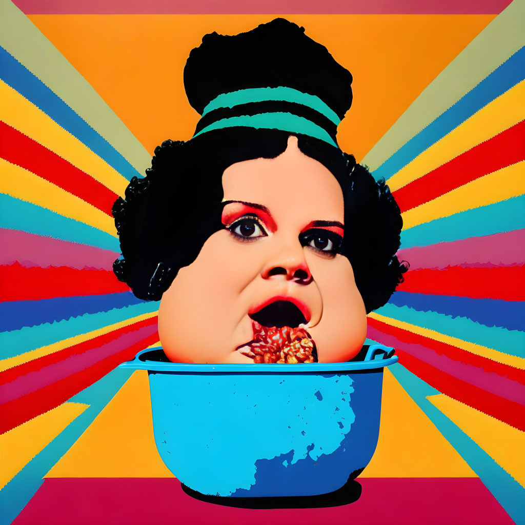 Surrealist digital artwork: Cartoon baby head in blue pot on vibrant background