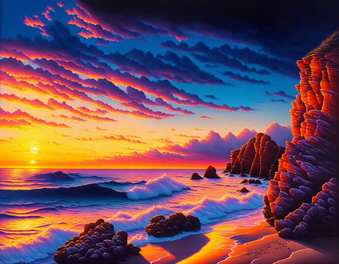 Scenic beach sunset with purple clouds, radiant sky, crashing waves, and rocky formations.