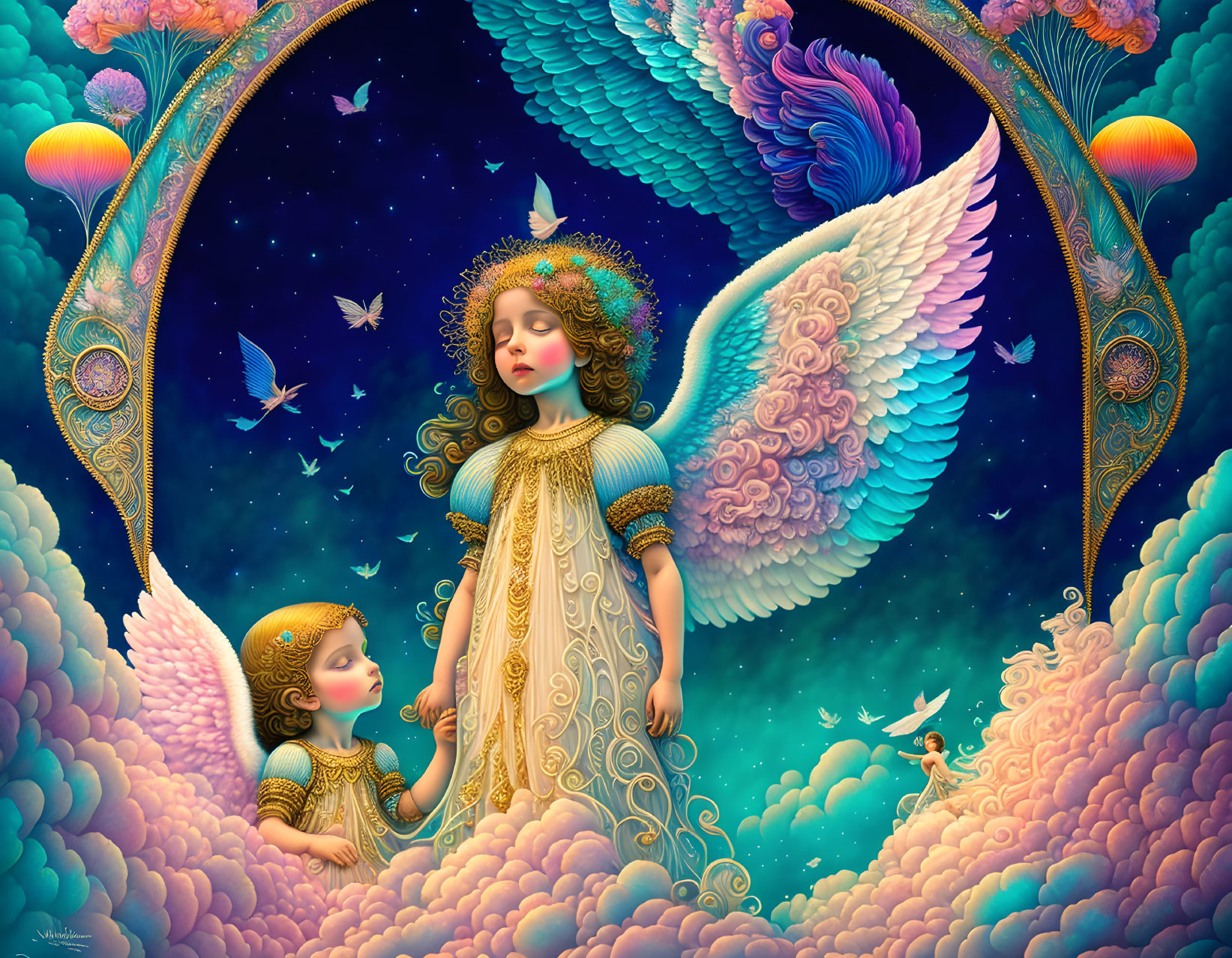 Colorful angelic figure in celestial setting with stars and clouds