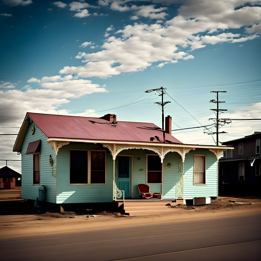 Turquoise House with Pink Roof and Decorative Trim on Cloudy Day