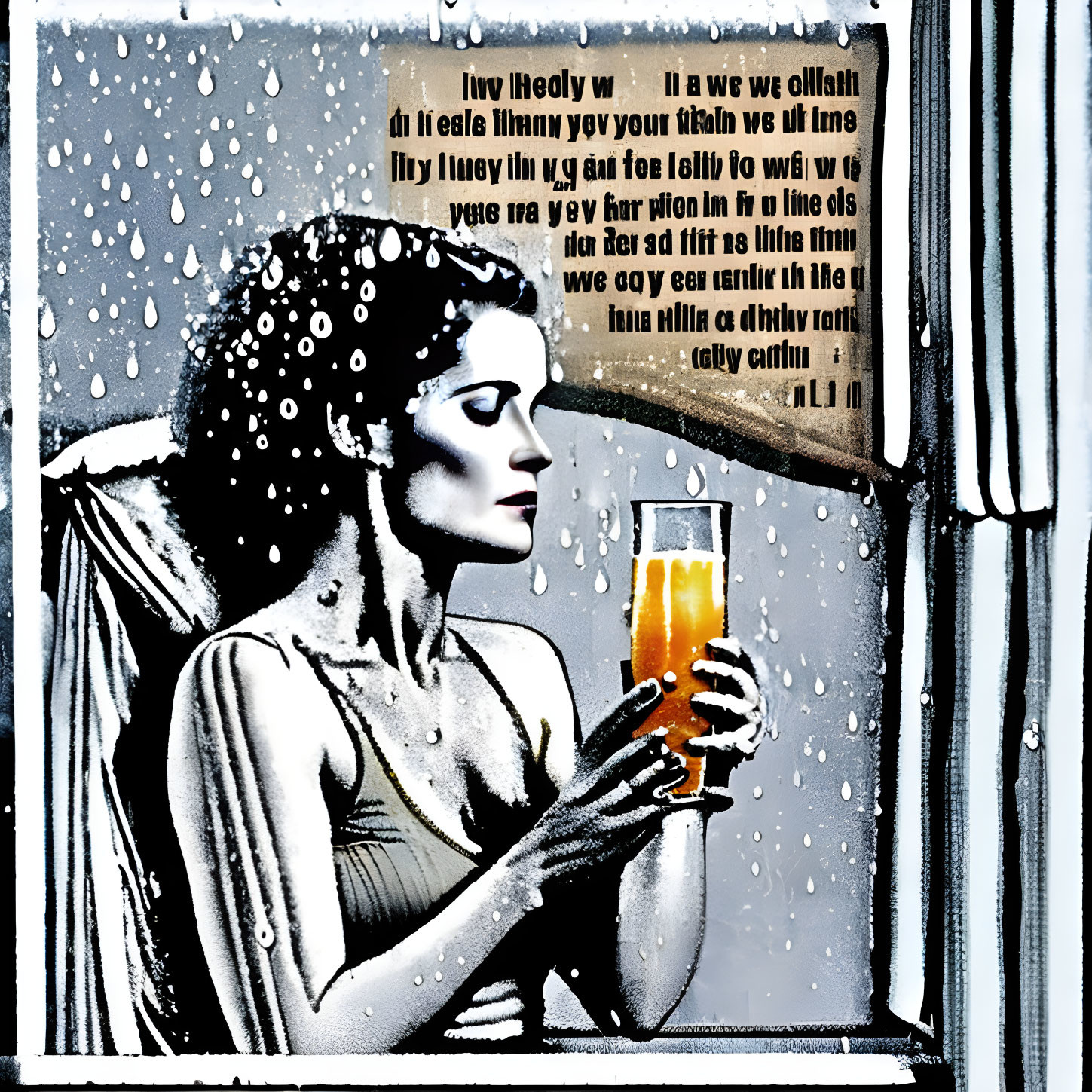 Stylized graphic of woman with glass and raindrop effects.