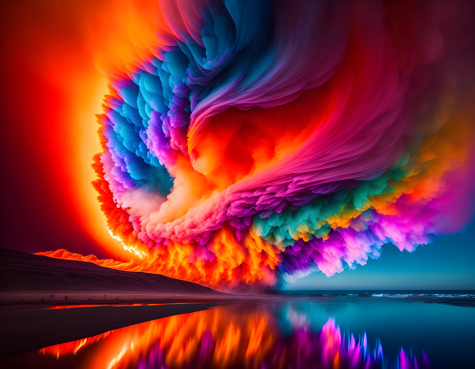 Digitally altered sky with flowing red, orange, blue, and purple patterns over serene water with sil