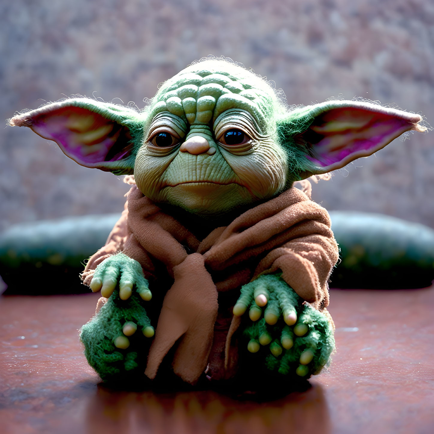 Small Yoda-like toy figure in brown robe on surface