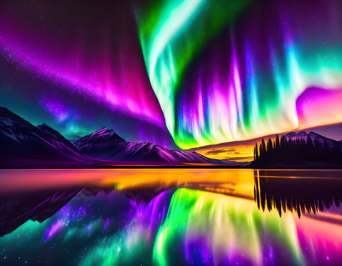 Colorful aurora borealis above snow-capped mountains and lake at night