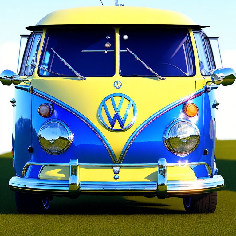 Blue and Yellow Volkswagen Type 2 Van with Chrome Accents and VW Logo on Green Grass