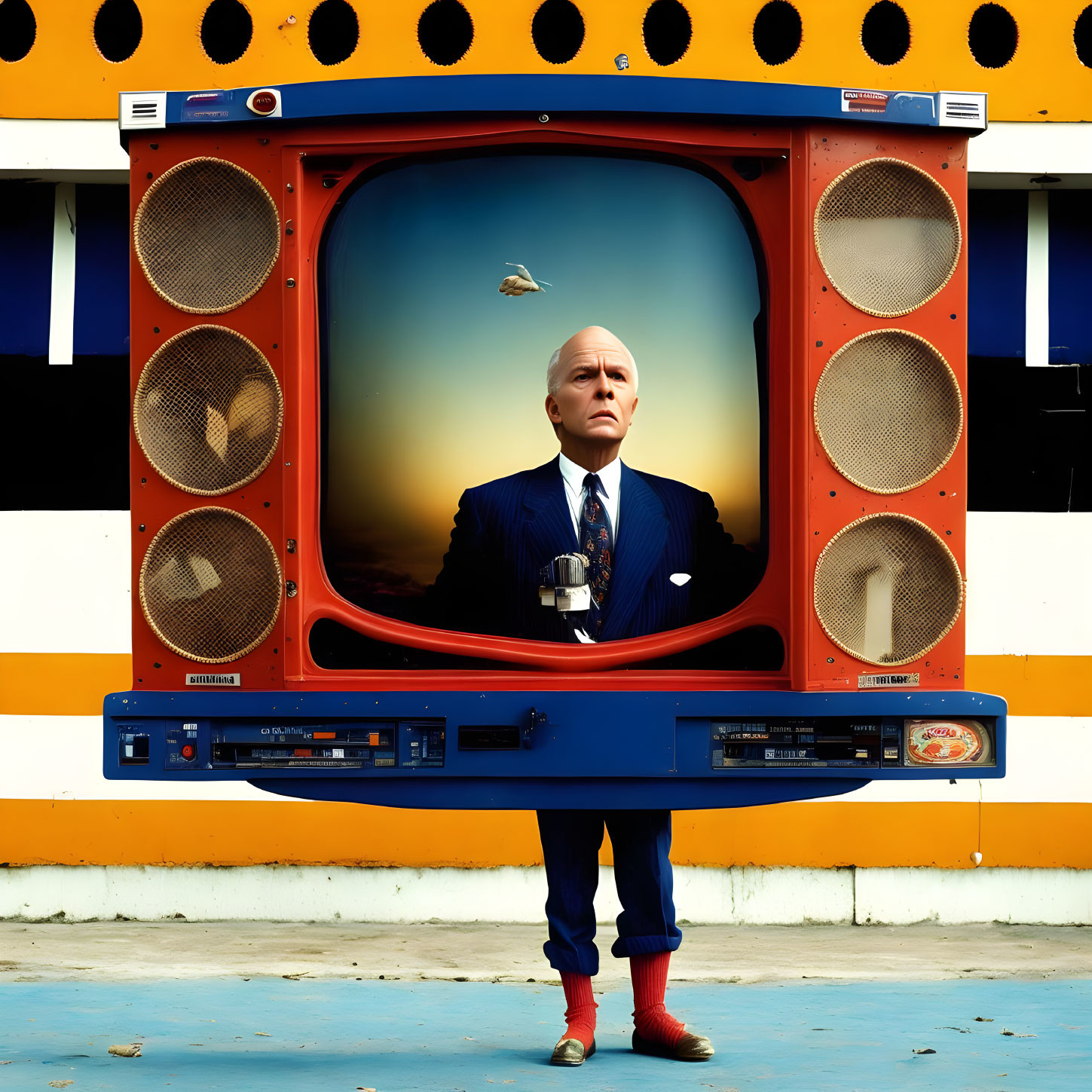 Man in suit poses in front of vintage TV with head against sunset backdrop; bird flies by.