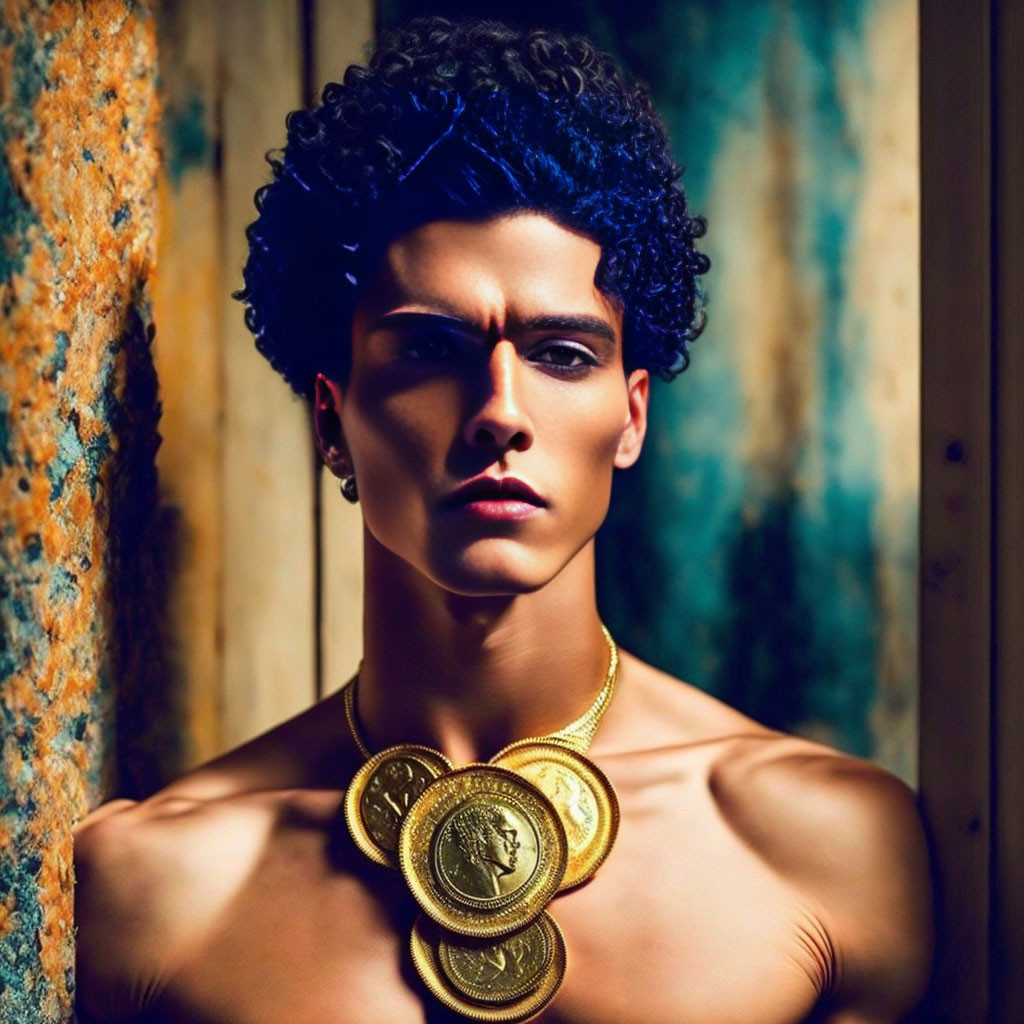 Male model with curly hair and gold necklace against rustic background